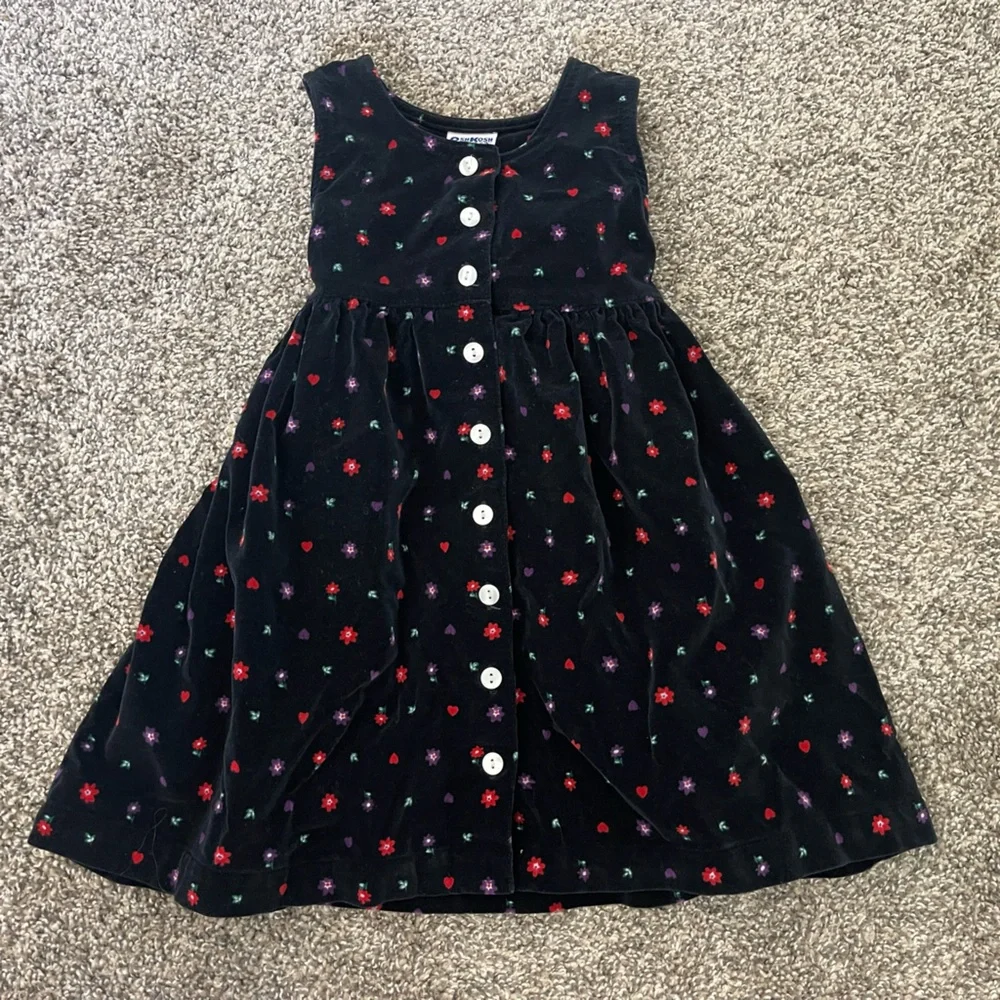 VINTAGE 90s Oshkosh BGosh Velvet Velour Floral Sleeveless Dress Black Size 4T